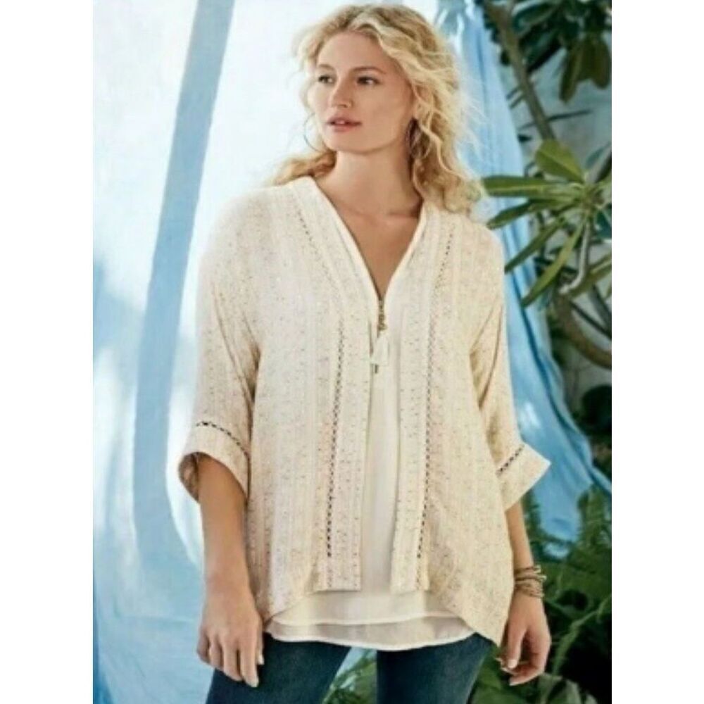Soft Surroundings NWT Soft Cream & Gold Glamour Open Topper‎ Cardigan Sequins S